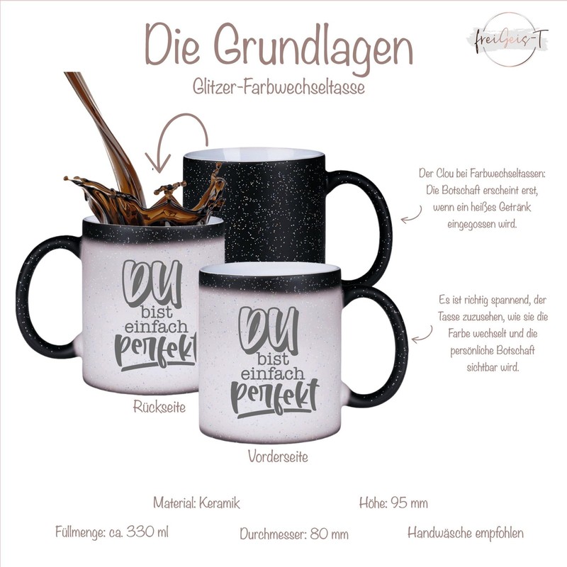 Zaubertasse Du bist einfach perfekt - Farbwechseltasse mit Glitzerpartikeln -