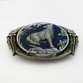 LAXPICOL Fashion Vintage Retro Wolf Belt Buckle For Men Western Cowboy Blue Enamel Grey Tone