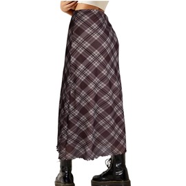 Avanova Women Ditsy Floral Bohemian Mesh Midi Skirt Elastic High Waisted Flowy Summer Long Skirt, Plaid Brwon, Small