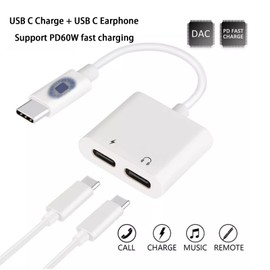 USB C Headphone Adapter and Charging, USB C Splitter 2 in 1, PD 60 W Fast Charge, Double USB C Female Adapter, USB C Double Plug Headphones and Charging Splitter, Supports Various Type-C Devices