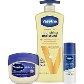 Vaseline Intensive Care Essential Healing Body Lotion, 20.3 onzas, incluido con Petroleum Jelly Original, 7.5oz, y barra de bálsamo corporal completo, 1.4 onzas, paquete de 3, cuidado hidratante de la