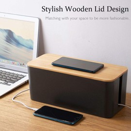 Cable Management Organizer Box Set, 3 Pack Bamboo Lid Cable Concealer Box with 23 PCS Wire Organized Clip Accessories, Great to Hide Surge Protector Desk Power Strips Cord for Office Home, TV (Black)