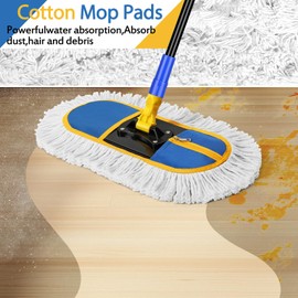 16 Inch Commercial Dust Mop for Floor Cleaning - Industrial Wet Dry Broom with 2 Washable Mops Pads for Hardwood Vinyl Laminate Floors Warehouse Courtyard Cleaning,Blue