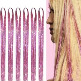 6 Pcs Hair Tinsel Multicolor Glitter Tinsel Hair Extensions for Girls Heat Resistant Fairy Sparkle Strands Birthday Gifts for Girls Pop-up 1200 Strands 48 Inch (Pink)