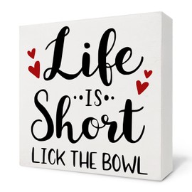 Nvotell Funny Kitchen Wooden Box Sign,Life Is Short Lick The Bowl Box Sign,Quotes Wood Sign For Kitchen Living Room Bedroom,Fall Sign Desk Decor,Housewarming Gifts,5x5 Inch (Red hearts)