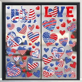71Pcs Patriotic Window Clings, Memorial Day Decor Red White Blue Double-Sided USA Stars Hearts Shape Decals for 4th of July Independence Day Veterans Party Supplies Home Office, 9 Sheets