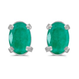 14k White Gold Oval Emerald Earrings