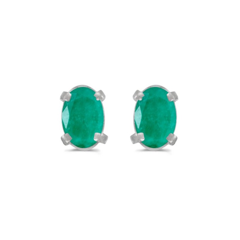 14k White Gold Oval Emerald Earrings