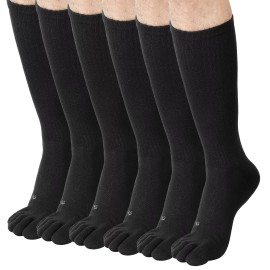 FUN TOES Men Crew Toe Socks Athletic Running Proper Toe Alignment 6 PAIRS Black