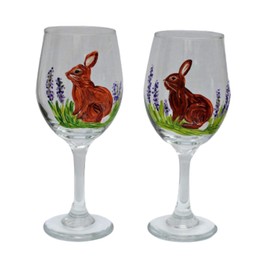Bunny Rabbit Hand Painted Stemmed Wine Glasses Set of 2