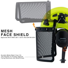 UNINOVA Forestry Chainsaw Arborist Helmet with Mesh Face Shield and Ear Muffs Hearing Protection Logging Trimming Mowing Tree Garden Work OSHA Safety Hard Hat Helmet(A92 Lime+Earmuff+Shield)