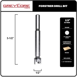 Greycore Tools 1/2 Inch x 3-1/2 Inch Forstner Drill Bit, High Speed Steel for Woodworking - Hardwood, Softwood and Plywood (1/2” Forstner)