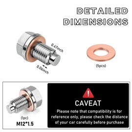 Dickno M12×1.5 Magnetic Oil Drain Plug, Aluminum Stainless Steel Sump Drain Nut Bolt with 5 Copper Crush Washer, Universal Leak-proof Replacement Car Accessories for Most Vehicles