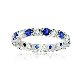 Sterling Silver Created Blue Sapphire and Cubic Zirconia Wedding Band Ring, 7