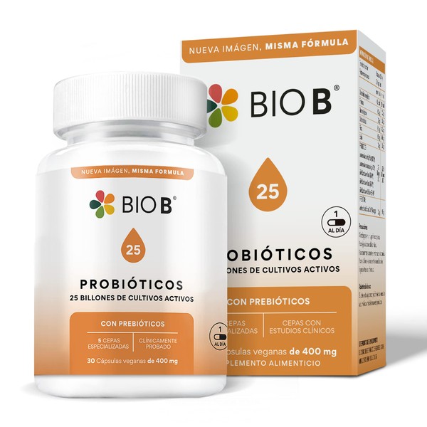 BIO B | Probióticos 25 billones UFC + prebióticos | 30 cápsulas veganas