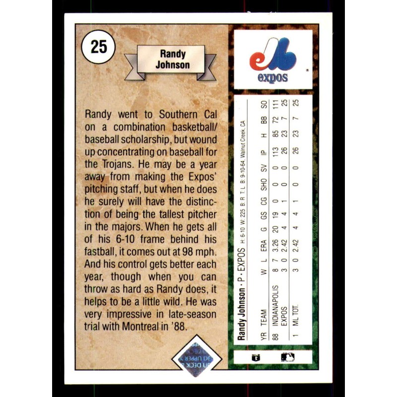 1989 UPPER DECK #25 RANDY JOHNSON NMMT (RC) EXPOS