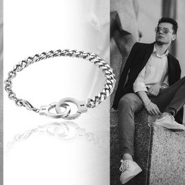 Flongo Men's Bracelet Men's Chain Bracelet Bangle Curb Chain with Handcuffs Black Silver Rose Gold Biker Motorcyclist Men's Accessories, Stainless Steel
