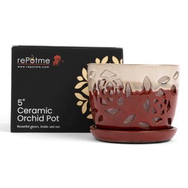 rePotme Orchid Pot - 5 inch Floral Cutout Ceramic Orchid Pot with Holes (Cream Over Garnet) - includes Free 5 inch Slotted Pot Liner