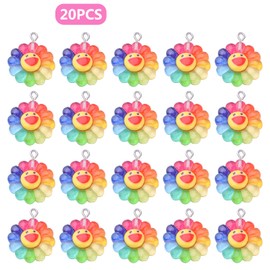 Aylifu 20pcs Smiley Face Sunflower Charms Pendants Resin Rainbow Flower Charms Jewelry Making Accessories for DIY Earrings Necklace Bracelet Keychains Craft Supplies, 28 mm x 22 mm