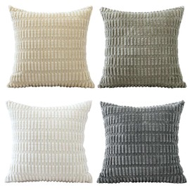 Sungeek Set of 4 Neutral Soft Corduroy Decorative Cushion Covers 45x45cm Square Striped Throw Pillow Covers 18x18 Inch for Sofa Couch Living Room Patio Farmhouse Boho Home Decor Pillowcases