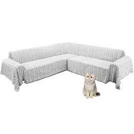 ALIECOM Corner Sectional Couch Covers L Shape Sofa Cover with Tassel Chenille Soft Thick U Shaped Sectional Slipcovers Washable Furniture Protector for Pets Dogs Cats (Lines Black, 91x275 Inch)