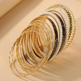 YienDoo Boho Gold Bangle Bracelet Set Snake Textured Multi Bangle Set Indian Wedding Faux Pearl Bangle Indian Bollywood Vintage Pearl Bangle Large Round Stacking Bracelet Jewelry for Women Girls