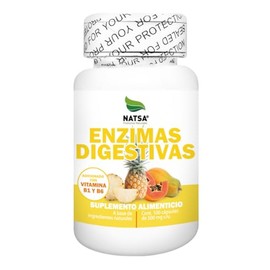 NATSA Enzimas Digestivas 100 Cápsulas | Reforzado con Vitamina B1 y B6 | Con Papaya, Piña, Papaína y Bromelina | Calidad Premium | Ingredientes Puros
