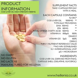 Hellenia Cod Liver Oil Capsules High Strength 1000mg | 360 Fish Oil Capsules - One Year Supply | Rich Source of Omega 3 Essential Fatty Acids