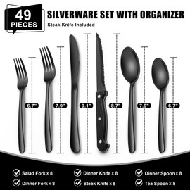 49-Piece Black Silverware Set with Organizer, Heavy Duty Stainless Steel Black Flatware for 8, Cutlery Utensil Sets with Steak Knives, Rust-proof, Mirror Polished, Dishwasher Safe