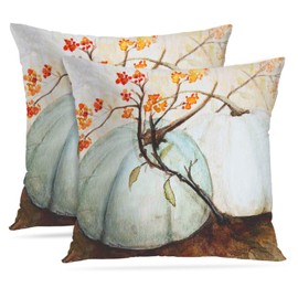 Taysta Set of 2 Pillowcases Decorative White Autumn Pumpkins Fall Watercolor Blue Gray Pumpkin Throw Pillow Case Cases Cover Cushion Covers Square Sofa Size 18x18 Inches Two Side
