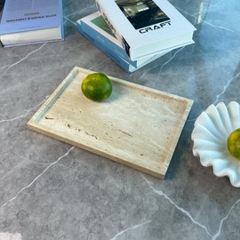 OAIQNUJ Travertine Stone Tray for Coffee Table, 12 x 8 inch Rectangle Marble Vanity Tray for Bathroom Countertop, Decorative Dish for Perfume Jewelry (Beige Travertine)