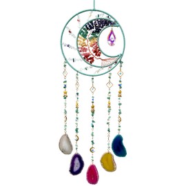 Agate Gemstone Large Dream Catchers, 7 Chakra Tree of Life Dream Catchers Wall Decor, Natural Agate Slice Wind Chime for Home Garden Suncatchers Decor, Adults Boys Girls Bless Gifts (Rainbow Moon)