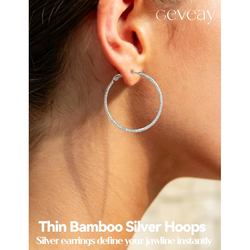 Geveay Thin Silver Hoop Earrings for Women Hypoallergenic 925 Sterling