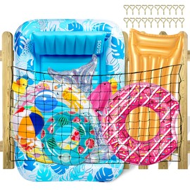Extra Large Pool Toy Float Storage Net with 20 Windproof Screw Windproof Hooks, 71 x 47in Hangin Heavy Duty Elastic Mesh Pool Float Storage Net for Inflatable Rafts, Noodles, Balls, Chairs
