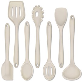 Khaki Utensil Set of 7, P&P CHEF Kitchen Cooking Utensils, Heat-proof Spatulas for Mixing Cooking & Serving, Turner, Ladle, Spatula, Spoon, Dishwasher Safe & Non-toxic
