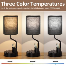 Black Bedside Table Lamps for Bedroom Set of 2 - Nightstand Light with AC Outlet and USB A & C for Charging, 3 Color Temperatures Desk Lamp with Pen Holder & Phone Stand for Living Room/Dorm/Office