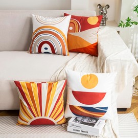 ZHILING Set of 4 Cushion Covers 40 x 40 cm Mid Century Bohemian Style Sun Moon and Rainbow Geometric Abstract Decorative Cushion Covers Home Decoration Square Standard Cushion Cover 16 x 16 Inches