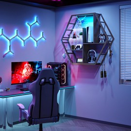 Saudism Floating Shelves with Lights, Led Shelves for Wall, Gaming Room Decor Display Shelf, Lighted Bar Shelves, Extra Hanging Hooks Storage, Sturdy Fast Assembly Great Weight Capacity-Black