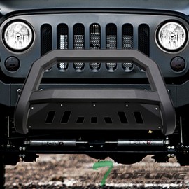 Matte Black AVT Style Bull Bar Brush Push Front Bumper Grill Grille Guard With Skid Plate Compatible With 10-18 Jeep Wrangler JK