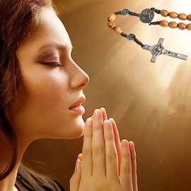 Kuesn 8X10MM Wood Rosary Necklace Wooden Smooth Beads Catholic Cross Necklace Religious Jewelry Catholic Jesus Cross Pendant Necklace for Men (Brown)