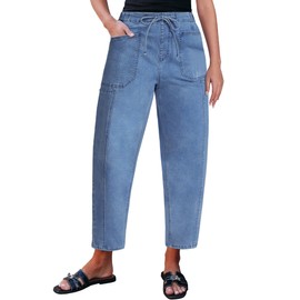 luvamia Womens Blue Jeans Barrel Jeans Women High Waist Jeans for Women Elastic Waist Jeans Barrel Pants Women Pull On Jeans for Women Stretch Roadknight Blue Size Large US Size 12 to Size 14
