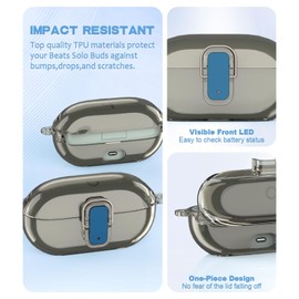 [Upgrade Secure Lock] for Beats Solo Buds 2024 Case Cover with Cleaner Kit, AGENTNANO Clear TPU Shockproof Protective Cover Compatible with Beats Solo Buds Charging Case with Carabiner-Clear Grey