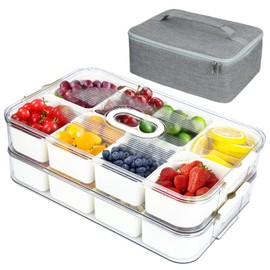 Snack Box Container, 2 PCS Divided Serving Tray with Lid and Snackle Box Container with Padded Insulated Bag, 16 Compartment snackle box for Fruits, Candy, Nuts - Perfect for Picnic and Entertaining