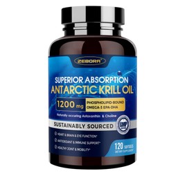 Krill Oil 1200 mg Omega 3 Supplement, Krill Oil Omega 3 with High Absorption EPA, DHA, Astaxanthin & Phospholipids, Supports Heart & Joint Health, No Fishy Aftertaste - 120 Softgels (60 Servings)
