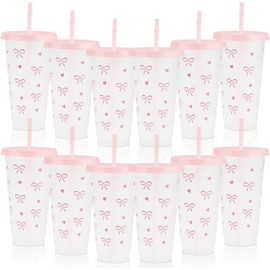 ARPOVIST 12Pcs 24 oz Pink Bow Plastic Cups with Straw and Lid, Reusable Coquette Bow Tie Cold Cups Bulk Party Tumbler Aesthetic Drinking Coffee Cup for Wedding Bridal Baby Shower Birthday Party
