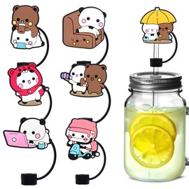 16PCS Couple Bear Straw Cover Caps for Tumblers, Bubu Dudu PVC Silicone 10mm Dringking Straws Toppers Protector Dust-Proof Reusable Bulk, BPA Free, Eco-Friendly fit for Party Gifts