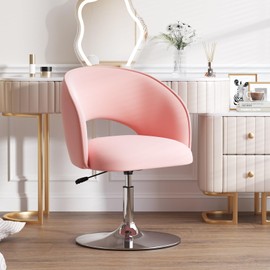 Furniliving Vanity Chair Contemporary Height Adjustable Round Velvet Back Tilt Swivel Accent Chairs 360° Swivel Makeup Chair with Chrome Frame Charming Stool Lounge Pub Bar (Pink)