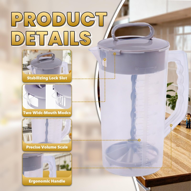 2PCS/SET 2 Quart/64oz Mixing Pitcher with Adjustable Plunger & Lid