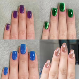 4 Colors Cat Eyes Press on Nails Kit Short Square Fake Nails Glossy Acrylic False Nails with Glitter Designs 96 Pcs Glue on Nails Set Short Length Sparkly Stick on Nails for Women Nail Art Manicure