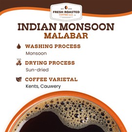 Fresh Roasted Coffee, Indian Monsoon Malabar, 12 oz, Light Roast, Kosher, Whole Bean